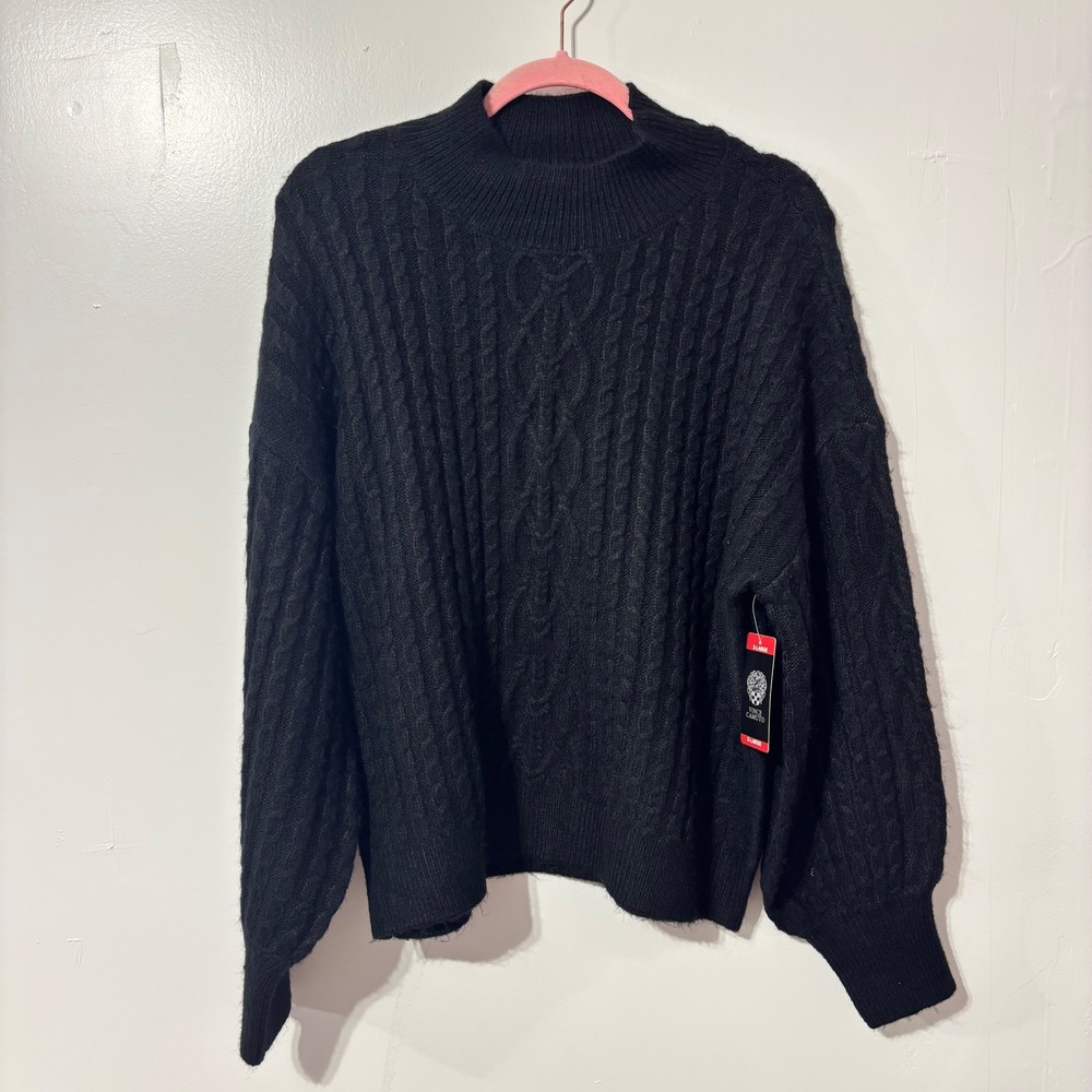 Vince Camuto Black Cable Knit Mock Neck Sweater XL‎ Balloon Sleeve NWT - Picture 4 of 9